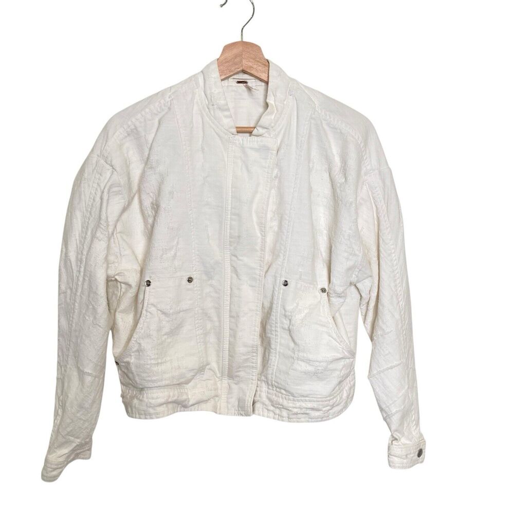 Free People White Tattered Tennis Jean Jacket Distressed Boxy Fit 100% Cotton S